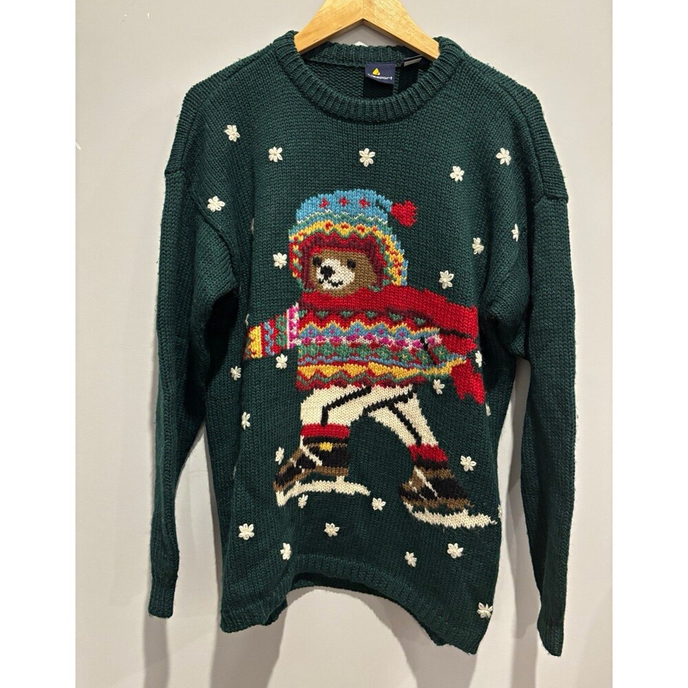 Lizsport Women's Green Wool Knit Crewneck Teddy Bear Fair Isle Sweater Sz Small